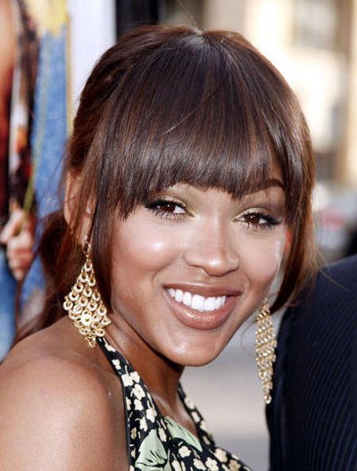 Meagan Good Blunt Bangs Ponytail Straight Hairstyle Careforhair