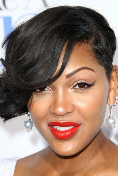 Meagan Good Side Shaved Curly Side Bangs Hairstyle Careforhair
