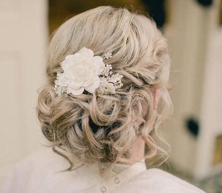 Blonde Curly Hair In Formal Bridal Updo With Flower Careforhair