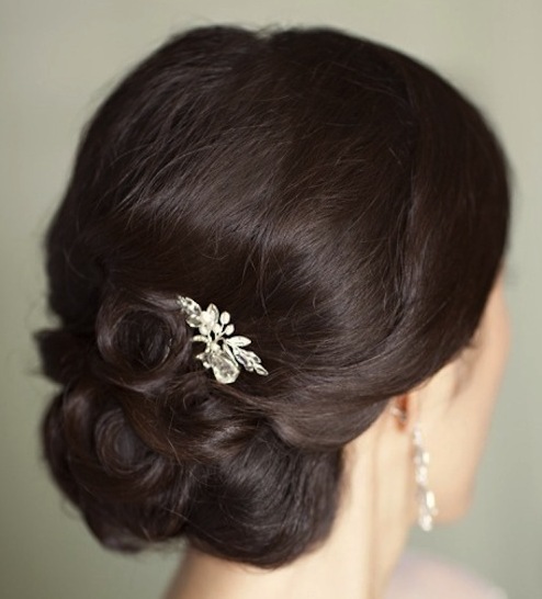 Dark Brown Hair In Curled Chignon Updo Hairdo For Wedding