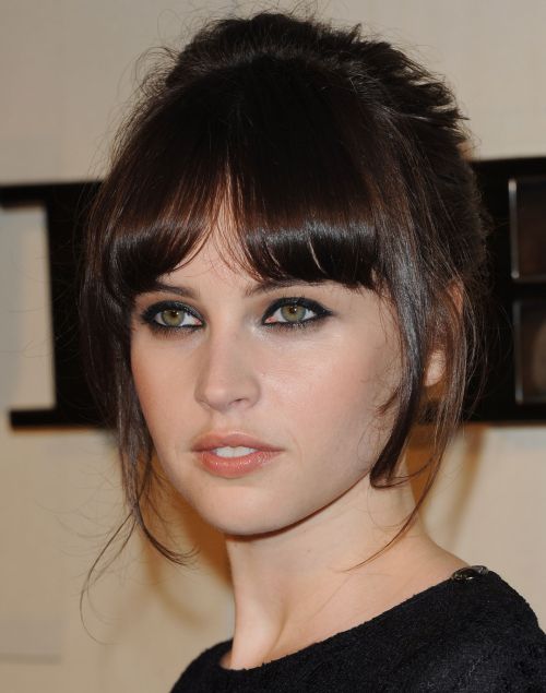 Felicity Jones Dark Brown Straight Hair In Updo With Bangs