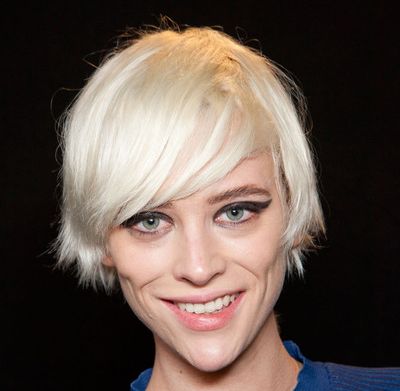 Fine Platinum Blonde Hair In Short Hairstyle With Side Bangs
