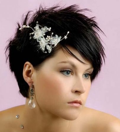 Short Straight Dark Brown Hair In Bridal Hairdo